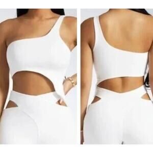 Naked Wardrobe White Smooth Side Asymmetrical Crop Top Women's‎ Medium